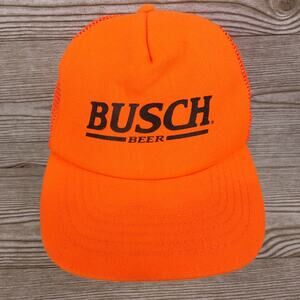 VINTAGE BUSCH BEER LOGO NEON ORANGE USA MADE SNAPBACK TRUCKER HAT CAP